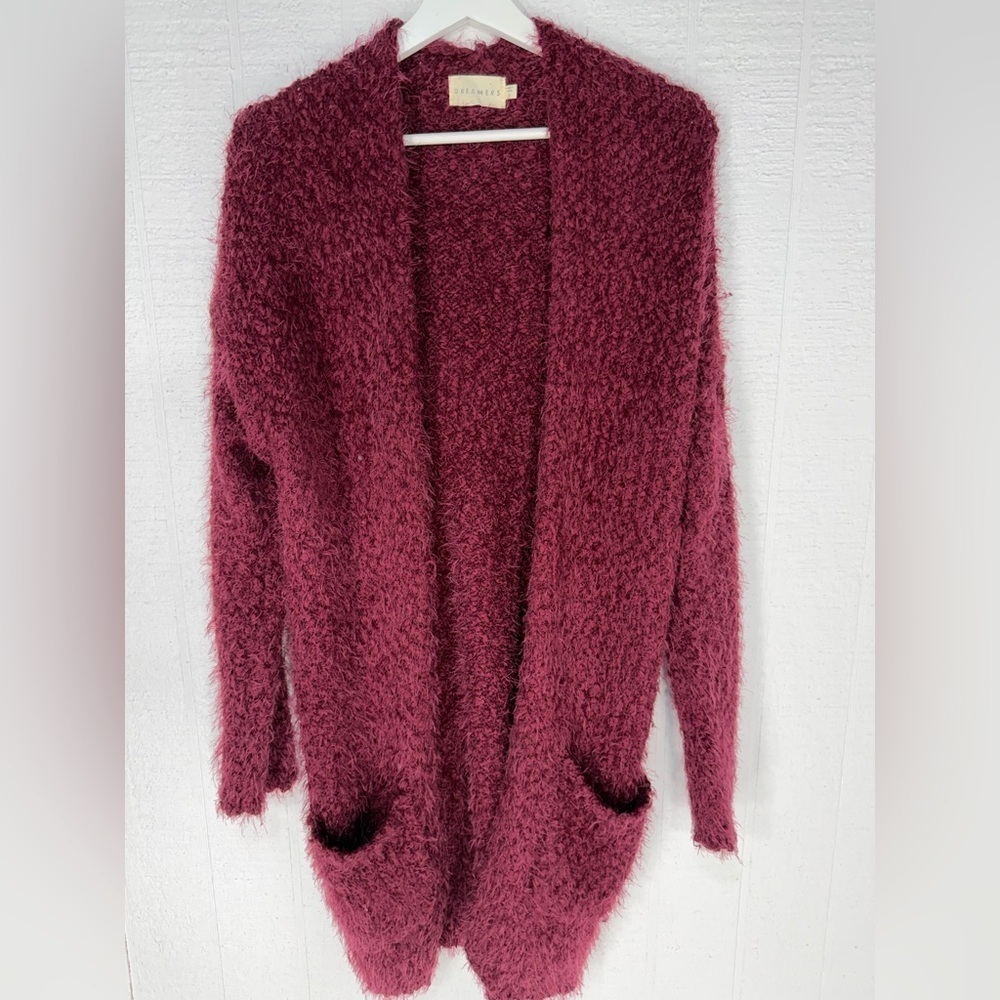 Dreamers fuzzy open front cardigan burgundy size L